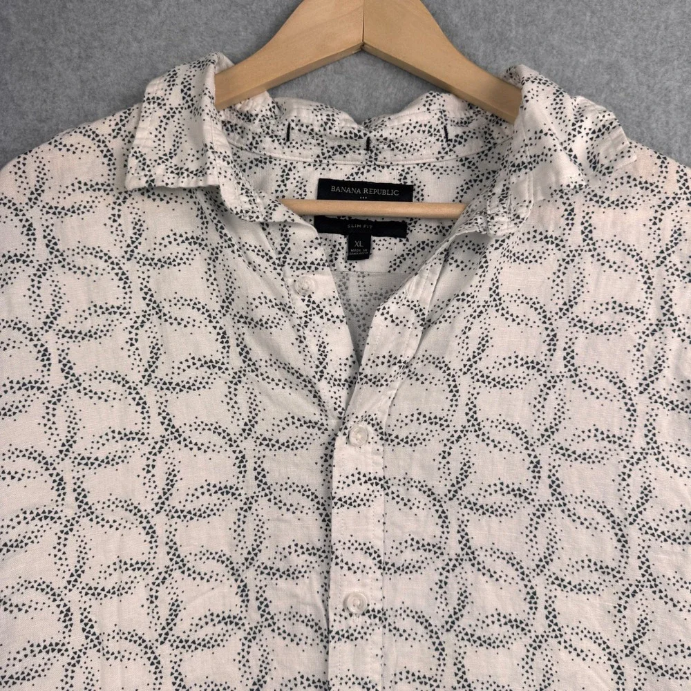 Banana Republic Shirt Mens XL White Navy Linen Blend Slim Fit Button Down Beachy